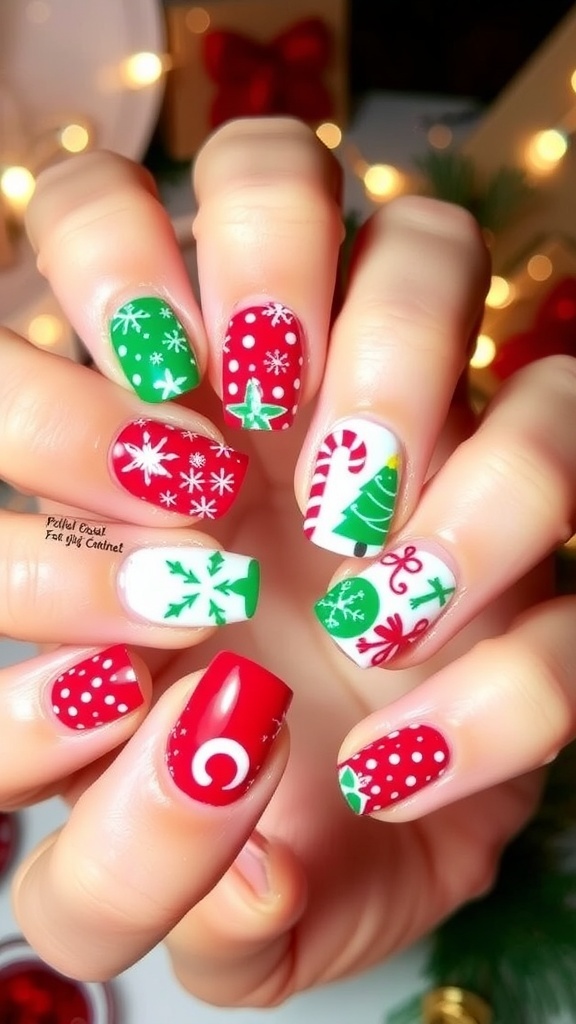 Short Christmas nails with festive designs including snowflakes and Christmas trees in red and green.